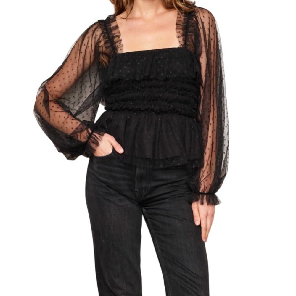 dRA Los Angeles Helena Top Large Black Swiss Dot Sheer Sleeve Peplum NWT